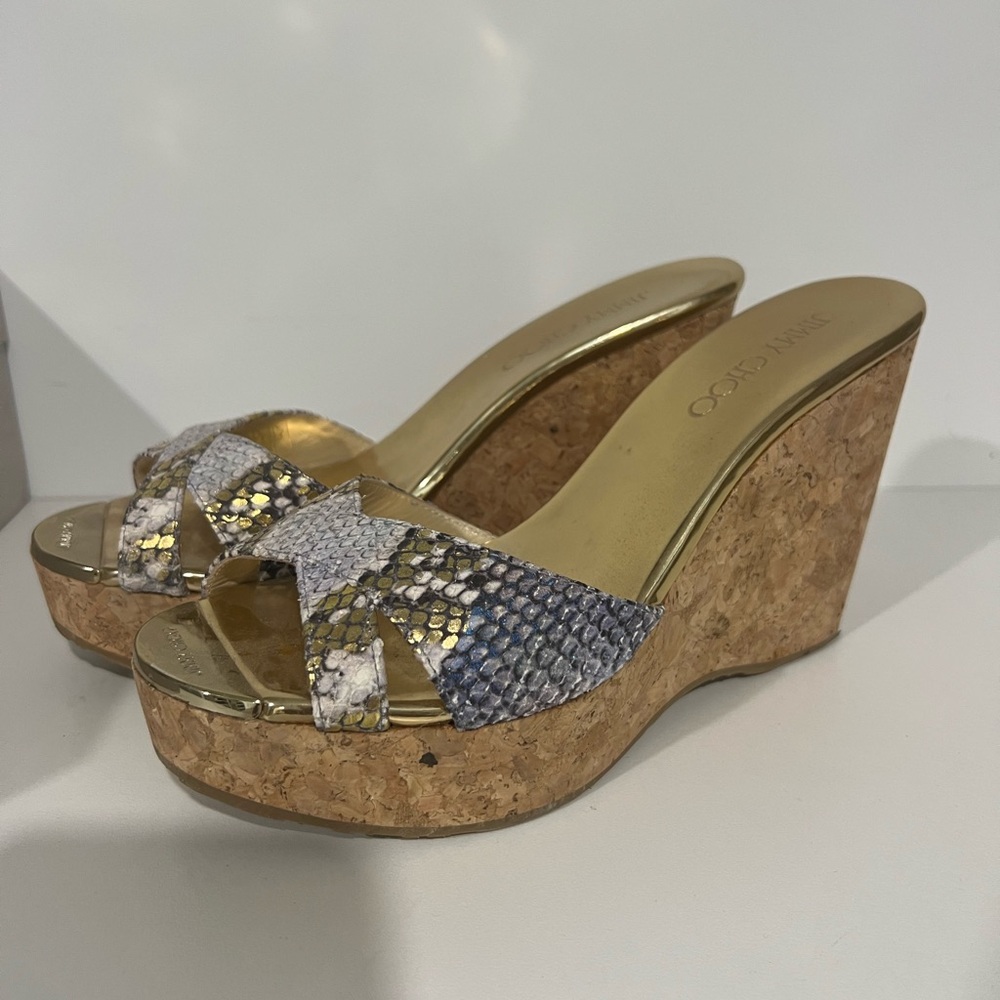 Jimmy Choo Gold and Blue Wedge Sandals